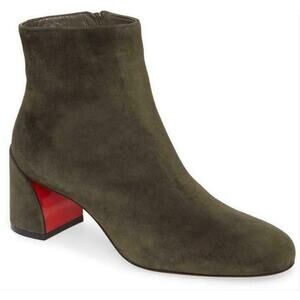 Christian Louboutin Turela 55 Bosco Green Suede Ankle Short Block Heel Boot 36.5